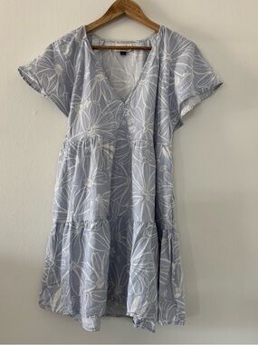 Linen Blend Blue Floral Tiered Women's Small Mini Dress Flutter Sleeves Fairy